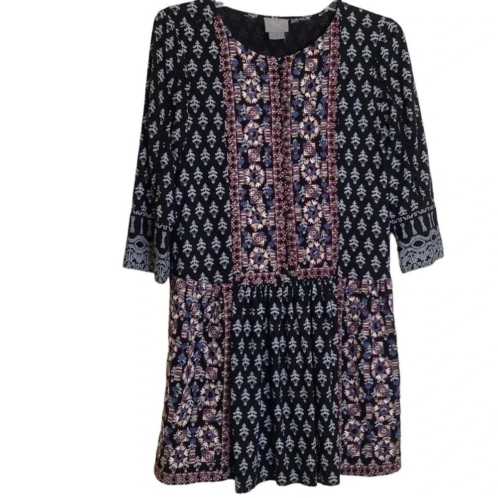 Anthropologie‎ Vanessa Virginia Caria Dress Sz XS Black Red Boho Work School EUC